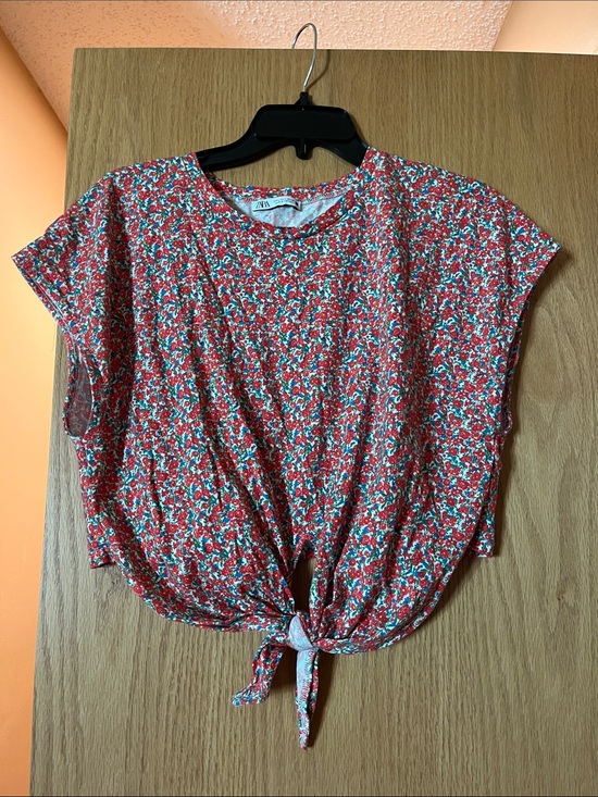 Zara Tops - Zara Red Floral Tie-Front Crop Tee